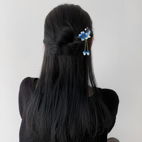 Blue Plum Blossom Resin Hairpin with Wooden Stick Elegant Tassel Chinese Hanfu Style Hair Fork for Women Girls