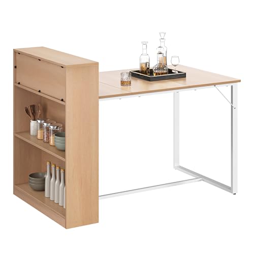 Image of YITAHOME Dining Table with Storage Shelves, 130 x 77.4 x 75/95cm, Sturdy Metal Frame, Industrial Style, for Living Room, Kitchen, Oak and White