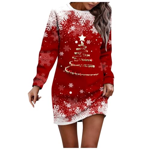 Famzuneu Weihnachtskleid Damen Lustig Weihnachten Kleid Langarm Rundhals Weihnachtskleider Langer Pulloverkleid Frauen Pullover Kleider Muster Bequem...
