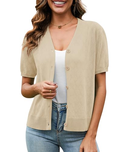 VIISHOW Cute Short Sleeve Crochet Knit Summer Cardigan Shrug for Dress V Neck Open Front Lightweight Cropped Cardigan,Apricot,Medium