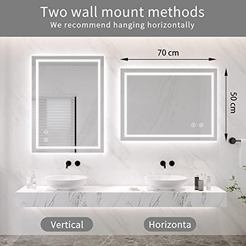 Dripex Bathroom Mirror with LED Lights, 500*700 MM Illuminated Backlit Wall Mounted Bathroom Mirrors Vanity Mirror Dimmable Switch 3 Colors and Demister Pad, Horizontal/Vertical