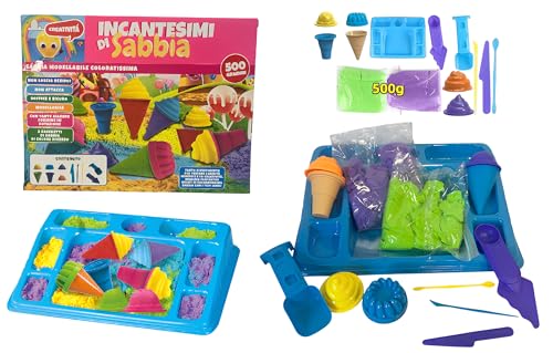 Arena mágica para niños, 500 g, arena mágica para niños, arena cinética para niños con bandeja para moldes para dulces, cono de helado, accesorios de arena de colores mágicos, pasta, kit de arena