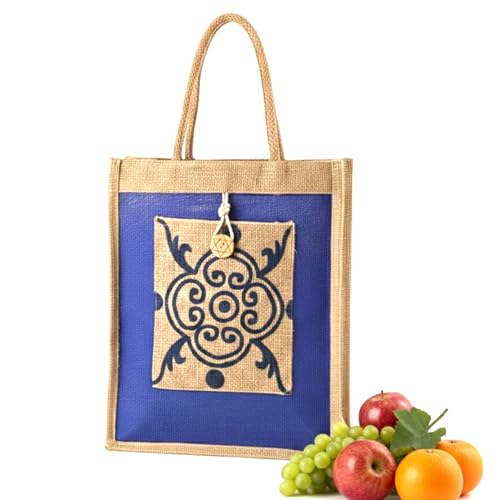 Image of Kuber Industries Jute Medium Shopping Bag for Women with Handle | Reusable Carry /Shopping Bag for Grocery | Flower Design - Brown & Blue
