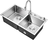 Farmhouse Sink Edelstahl Drop In Farm Kitchen Sink Double Bowl Luxus Workstation Sink Bar Waschbecken Unterbauspüle Mit Wasserhahn Und Werkzeughaltern, Package C