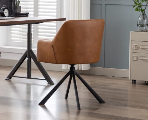 Ealson Comfy Leather Desk Chair Modern Computer Task Chair No Wheels Swivel Accent Chair With Mid Back Arm Chair For Living Room/Bedroom/Home Office, Pu Brown #TOP4