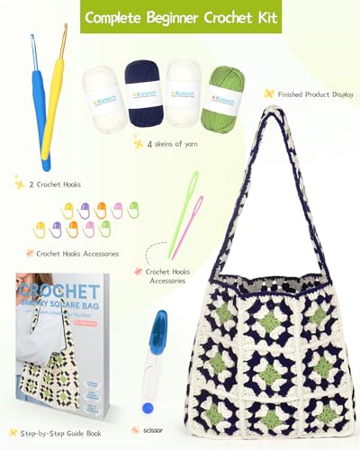 Image of Katech Crochet Kit for Beginners-Granny Squares Crochet Bag Kits for Adults and Kids-Knitting Kit with Crochet Yarn for Crocheting and Knitting-Step-by-Step Instructions- Crochet Hooks- Holiday Gift