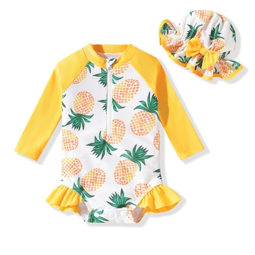 Image of Aalizzwell Baby Girls Long Sleeve One Piece Swimsuit with Hat