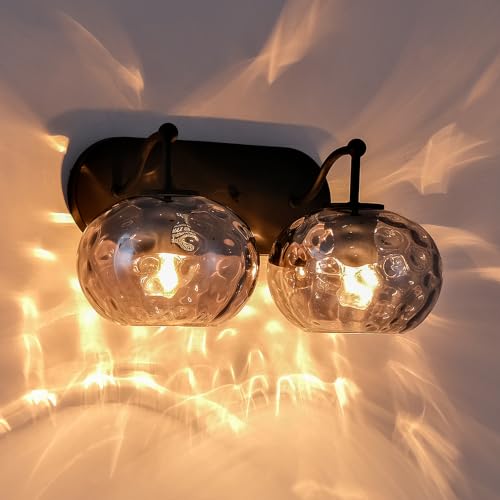Image of Matte Black Vanity Light Smoked Grey Hammered Glass Wall Sconce 2-Light Modern Mid-Century Wall Lamp for Hallway Living Room Stairwell Bathroom Over Mirror