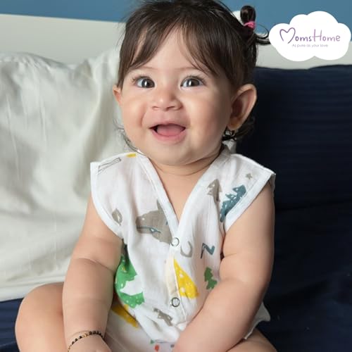 Image of MOM'S HOME Organic Muslin Baby Jhabla Set | Unisex Cotton Vest | Pack of 5 | 3-6 Months | Soft, Breathable, Summery Prints
