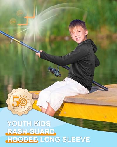 Image of Roadbox Boys Rash Guard UPF 50+ Sun Hoodie Kids Fishing Shirt Long Sleeve