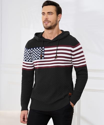 Zaitun Mens Hooded Sweatshirt Long Sleeve American Flag Knitted Hoodie Pullover Sweater Black thumb #1