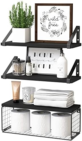 DOLLFIO Floating Shelves for Bathroom with Basket, Wooden Wall Shelves, Floating Shelves for Wall Décor, Wall Mounted Floating Shelf for Bathroom, Floating Shelf for Wall, Bedroom, Living Room–Black
