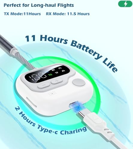 Image of Tobo Bluetooth Transmitter Receiver, Airplane Bluetooth 5.4 Adapter Support Linking 2 Devices,Wireless Audio Adapter with Screen for in-Flight TV /PC /Car /Home Stereo /Speaker, Volume Control TD-1483WA