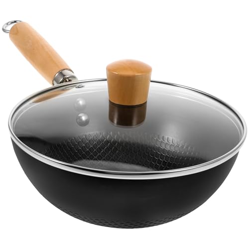 FRCOLOR Wok Antiadherente 20 Cm con Tapa de Vidrio para Estufas de Gas E Inducción, Sartén Plana Multifunción para Cocinar Saludable, Utensilio de Cocina Esencial