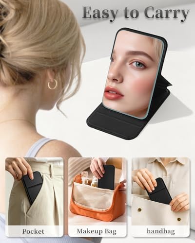 VFD Small Compact Pocket Makeup Mirror, Portable Folding Travel Mirrors Ultrathin Light Handheld with Adjustable Stand, Premium HD Optical Glass, Gift for Your Lover, Suitable for All Scene — view 4