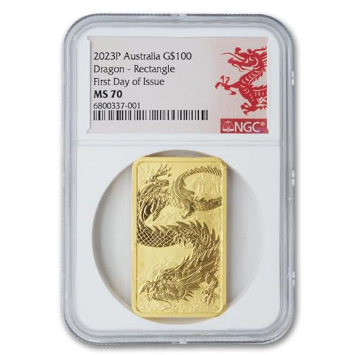 2023 AU 1 oz Australian Gold Dragon Bar MS-70 First Day of Issue Lunar Label $100 MS70 NGC
