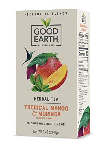 Good Earth Sensorial Blend Flavored Herbal Tea Tropical Mango and Moringa, No Artificial Color, No Preservatives, 15 Bag (Pack of 5)