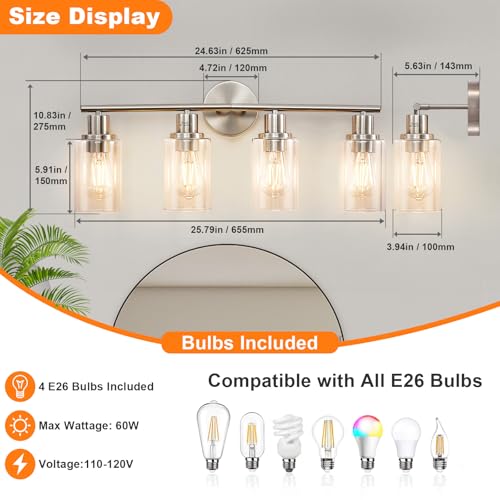 Image of DLLT 4-Light Bathroom Light Fixtures: Nickel Modern Vanity Lights with E26 Bulbs - Clear Glass Shade Bathroom Wall Lamp for Mirror Kitchen Living Room Hallway Cabinet Porch