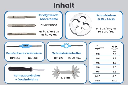 Foto von GSR Gewindeschneider Set metrisch M3–M12 – 32-tlg. HSS-G PROFI Gewindeschneidsatz mit Handgewindebohrern, Schneideisen, verstellbares Windeisen, Schneideisenhalter, Gewindelehre & Metallkassette