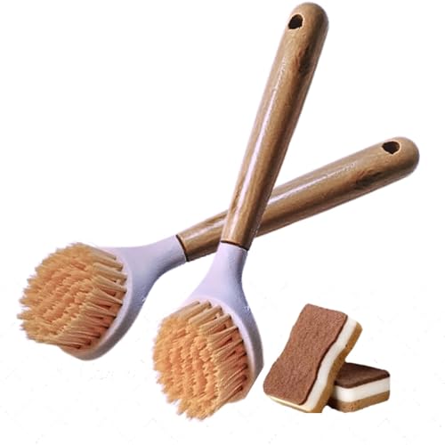 Cepillo Fregar Platos con Mango de Bambú y Cerdas Anti Arañazos + Estropajo Ecologico (Pack 2un)-Cepillo Lavaplatos, Limpieza de Ollas, Sartenes con Estropajo Cocina-Cepillo para Fregadero