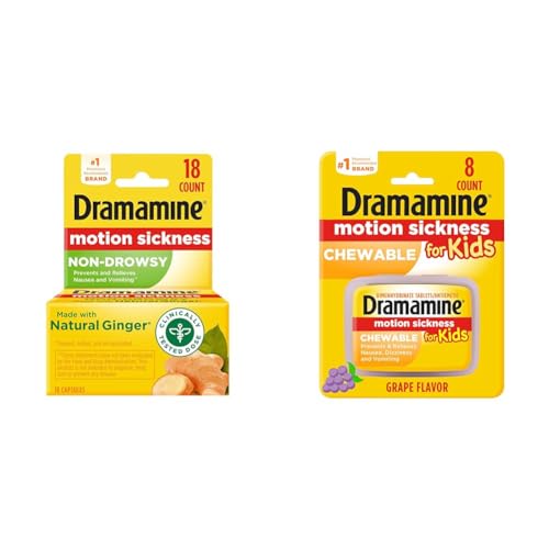 Dramamine Non-Drowsy, Motion Sickness Relief, Made with Natural Ginger, 18 Count & Kids Chewable, Motion Sickness Relief, Grape Flavor, 8 Count