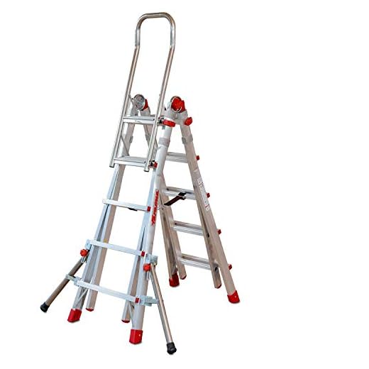 SUPER TELES - Scala telescopica professionale H4,70 metri in alluminio (5 + 5 gradini) con bracciolo e stabilizzatori