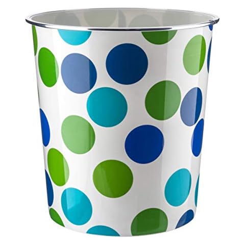 ABRUS - Waste Paper Bin | 7.7 L Polka Dot Design Basket Bin with Chrome Trim | Waste Bin for Bedroom, Homes & Offices | Vibrant Colored Waste Paper Basket (Blue & Green Polka dot bins) Cover