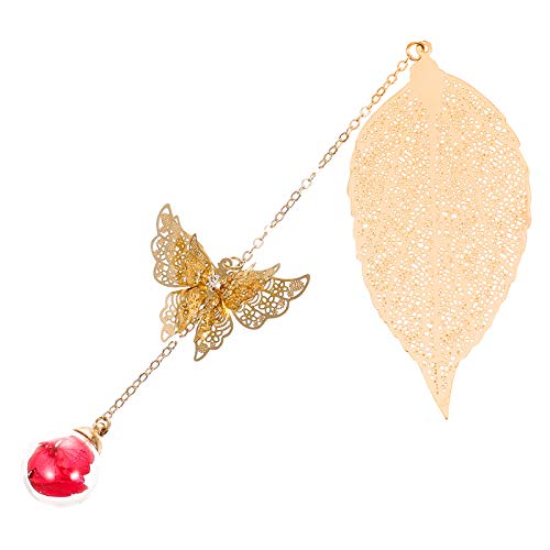 FANCYLEO EU - Marcapáginas de metal con mariposa 3D y cuentas de cristal, colgante de flores secas eternas, vienen en caja de regalo, regalo ideal para lectores, mujeres y niños (rojo)