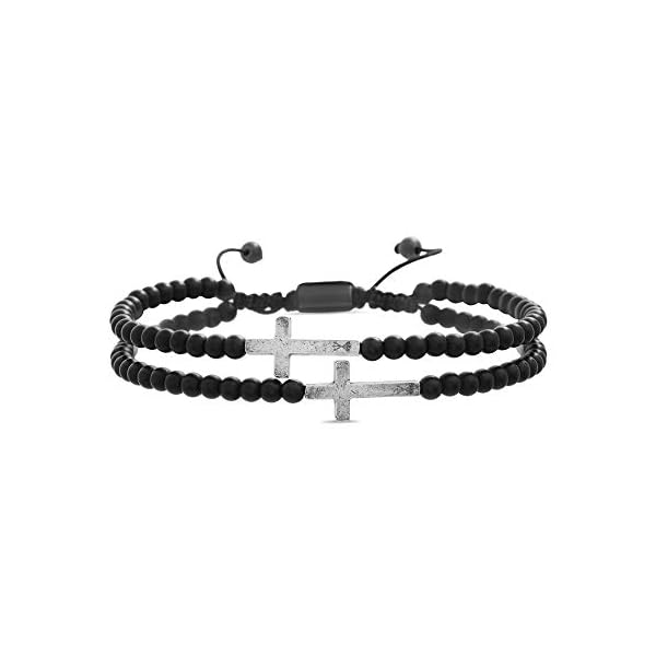 Steve Madden Cross Station Double Strand Simulated Black Onyx Beaded Adjustable Bracelet For Men (Black), One Size (SMBS606861OX-SBK)