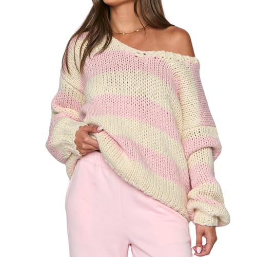 Oversized Knit Sweaters for Women Crewneck Long Sleeve Striped Loose Fit Drop Shoulder Jumpers Y2k Aesthetic Clothes