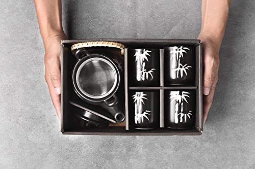 Mose Cafolo Japanese Tea Set Black With White Bamboo Ceramic Tetsubin Teapot & 4 Teacups, Stainless Steel Infuser, Rattan Handle Included In Gift Box #TOP4