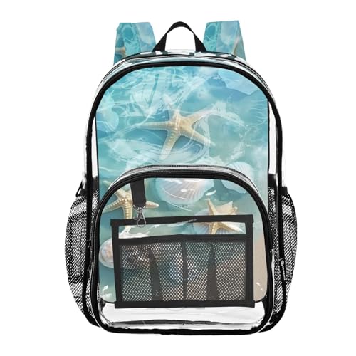 Summer Beach Starfish and Seashell Clear Backpack - Stadium Approved Large 15.7-inch Waterproof Transparent Bag for Sports, Concerts, Work, Travel#571