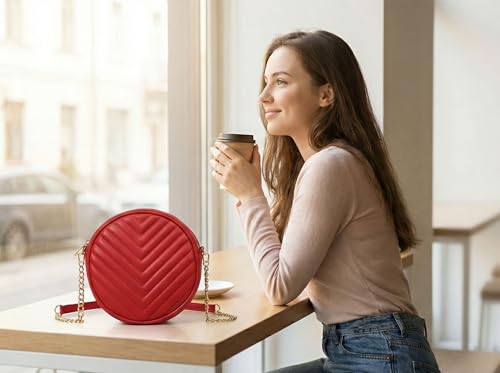 Image of Round Crossbody Bag for Women,PU Leather Shoulder Bag with Metal Chain Strap, Cellphone Purses with Zipper