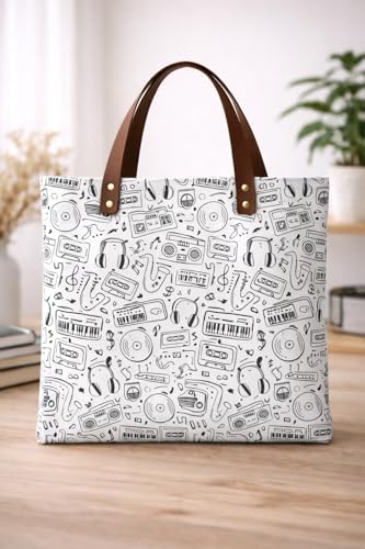 Image of Vintage Music Print Canvas Tote Bag for Women & Girls | Reusable Shoulder Handbag with PU Leather Handles | Retro Cassette, Headphones & Vinyl Record Design |