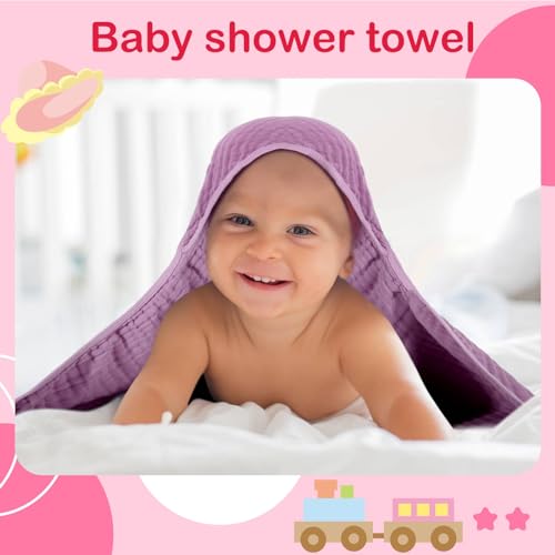 Image of Peryiter 6 Pcs Muslin Hooded Baby Towels, 32 inchx 32 inch Cotton Newborn Bath Towel Muslin Infant Baby Blankets Absorbent Unisex Newborn Registry Gift Essentials for Girls Boys (Purple)