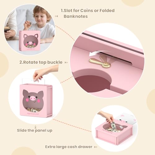 Image of Summidate Wooden Money Saving Box, Clear Window Cash Vault Savings Box with DIY Stickers, Reusable Personalized Piggy Bank for Kids & Adults, Birthday /Baby Shower /Wedding Gift