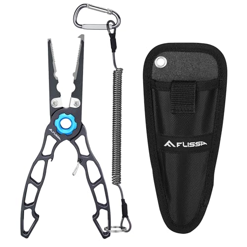 FLISSA 7.5 Inch Lightweight Fishing Pliers, Titanium 6Al-4V Jaw and Tungsten Carbide Line Cutters, Safety Lock Fish Pliers with Aluminum Handle, Sheath & Lanyard, Fishing Gear Gifts for Men 