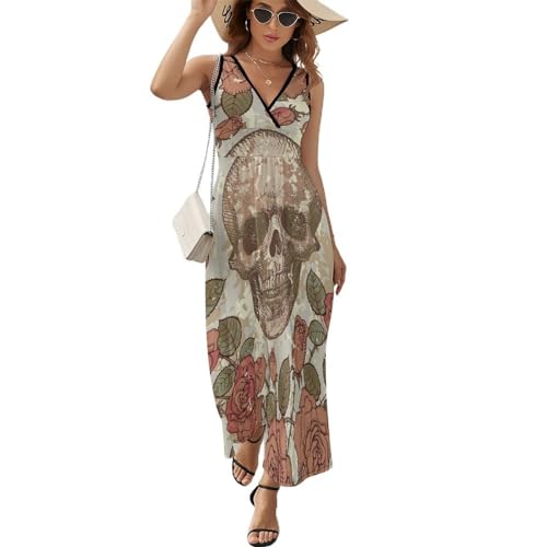 Robe longue d'été sans manches au motif crâne rose vintage et col V fluide