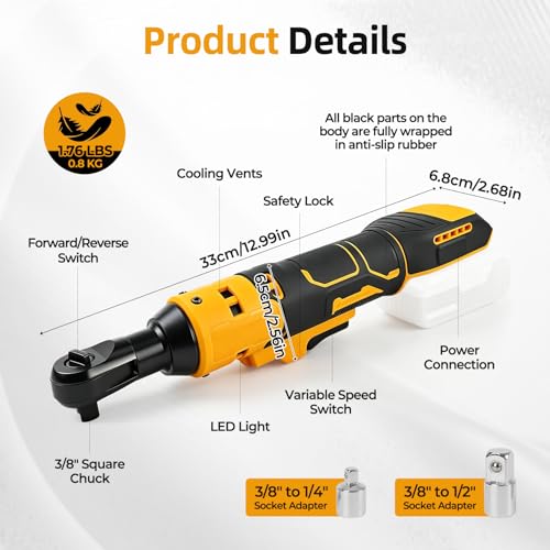 Bezprzewodowy klucz grzechotkowy 3/20.3 cm, kompatybilny z Dewalt 20 V, elektryczną grzechotką z adapterem 1/10.2 cm i adapterem 1/5.1 cm, 280 obr./min 80 Nm, grzechotka udarowa do konserwacji roweru
