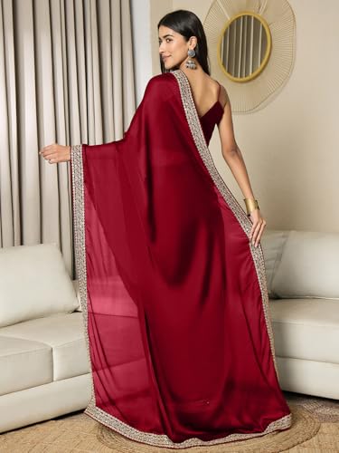 Image of AKHILAM Women's Satin Solid Ready To Wear one Minute Saree with Unstitched Blouse Piece