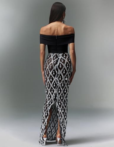 BELLA BARNETT Glamorous Black Off Shoulder Sequin Dress Embellished Mesh Mermaid Formal Galas3