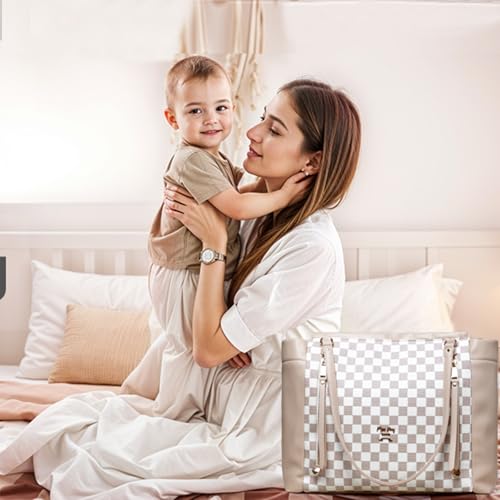 Image of miss fong Checkered Diaper Bag Tote Leather Diaper Bag Backpack, Large Capacity Mommy Bag Hospital Bag, 12 Pockets Travel Diaper Tote with Changing Pad for Mom Plaid Tote Bag for Women-Beige&Honey