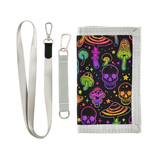 JHKKU Colorful Skull Mushroom Trifold Wallets for Kids Boys Girls, Outdoor Sports Wallet for Teen, with Zipper Coin Pocket Novelty Purse
