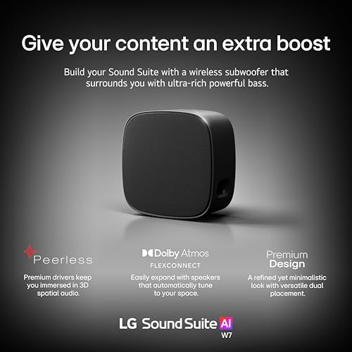 Image of LG W7 Sound Suite Wireless Subwoofer - 8 inch Deep Bass, Dolby Atmos FlexConnect, Compatible TVs, H7 Soundbar & M5 /M7 Speakers, Flexible Vertical /Horizontal Placement - Black (New 2026 Model)
