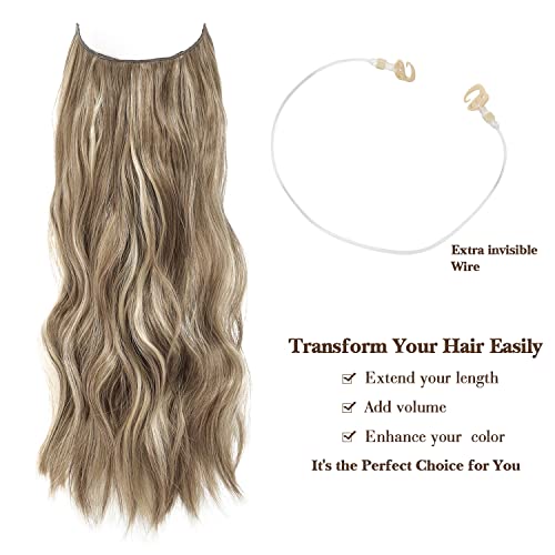 Ms TAj Light Brown with Blonde Halo Hair Extensions Highlights 20inch with Adjustable Size Removable Clips Invisible Secret Synthetic Curly Hairpiece for Women - Image 3