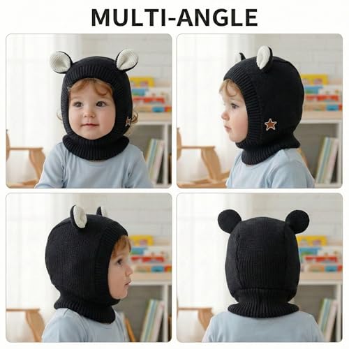 Image of Kraptick Winter Warm Ear Protection Knitted Woolen Unisex Baby Cap with Cute Animal Ears, Soft Fleece Lined Knit Hat with Ear Flaps, Stretchable Monkey Cap for Cold Weather -1
