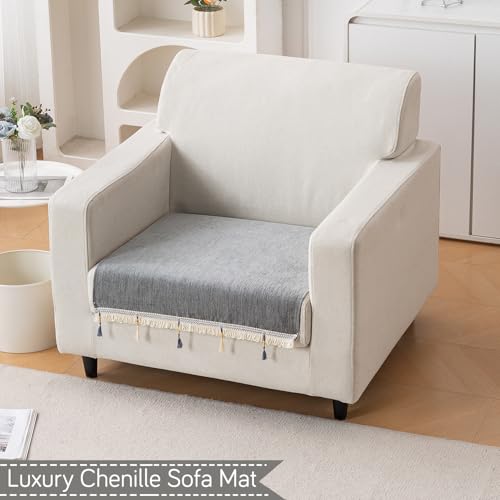 Image of HOKIPO 'Serenity Tassel' Chenille 1 Seater Sofa Cover with Tassel - Glacier Silver (IN-890-LGRY)