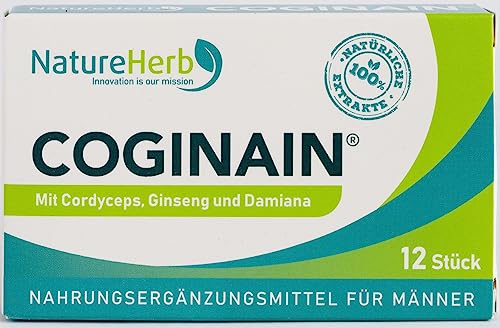 NatureHerb COGINAIN® - Für aktive Männer - Sexualität, geistige Fitness - Mit Cordyceps + Ginseng Extrakten - Damiana Spezialextrakt - Hochkonzentriert, 100% pflanzlich - 12 Kapseln