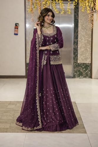 Image of Suppar Sleave Women's Chanderi Silk Embroidered Kurta Set with Lehenga Style Bottom & Dupatta | Bollywood Style Embroidery lehenga Choli Set For Woman