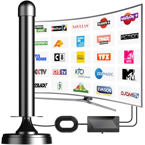 Antenne TV Intérieure Puissante avec Amplificateur de Signal à Gain Élevé - Réception 360° Longue Portée, Base Magnétique pour Fixation Facile, Compatible Téléviseurs HD/4K
